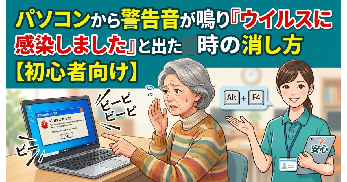 パソコンから警告音が鳴り『ウイルスに感染しました』と出た時の消し方【初心者向け】
